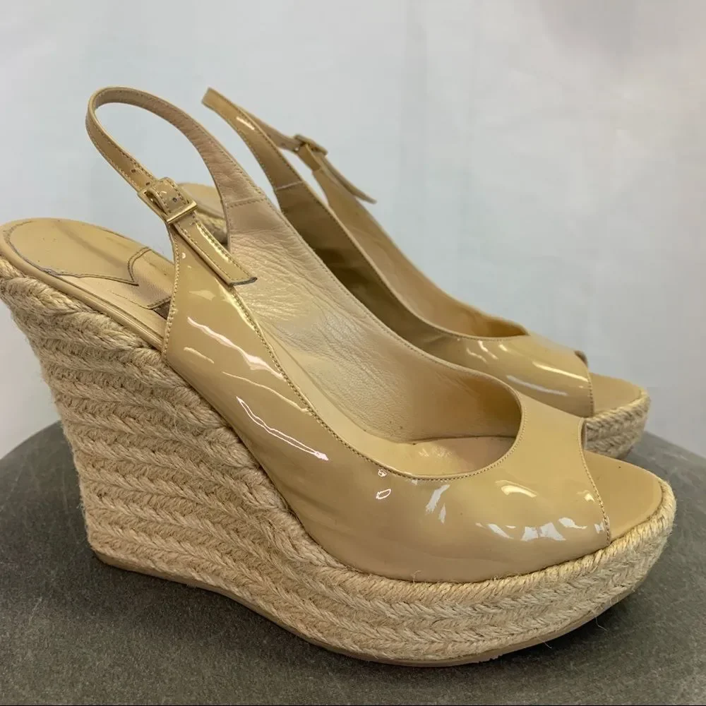 JIMMY CHOO caramel Prova patent leather cork wedge sandals size 38.5